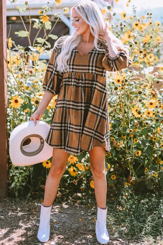 Brown printed plaid v neck plus size babydoll dress