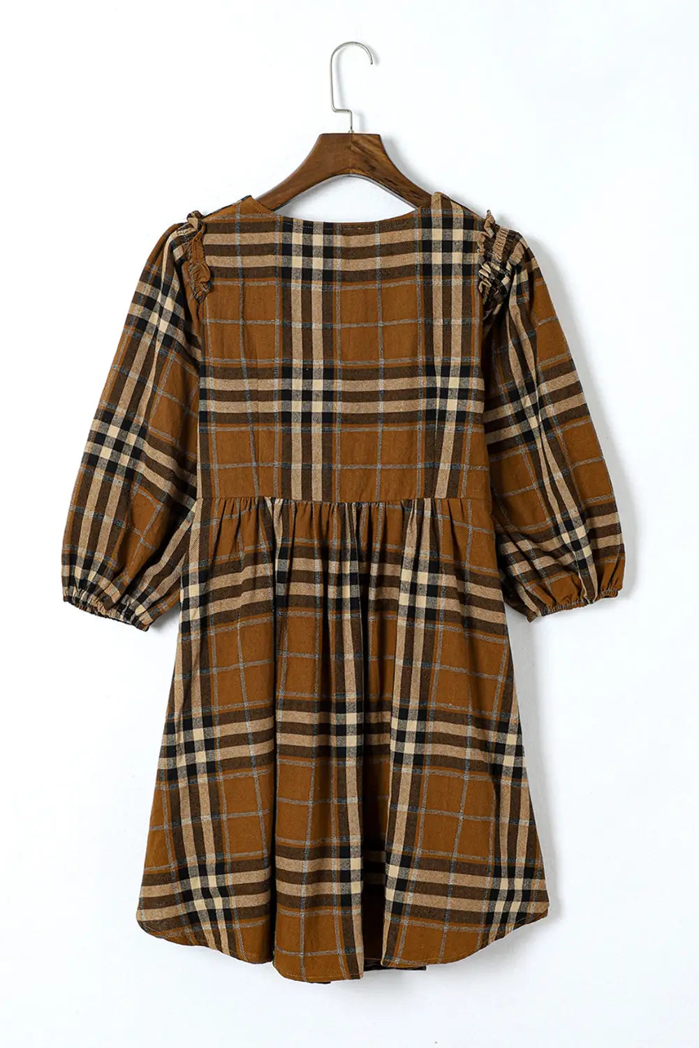 Brown printed plaid v neck plus size babydoll dress