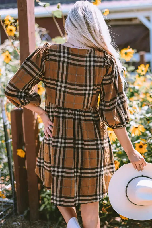 Brown printed plaid v neck plus size babydoll dress