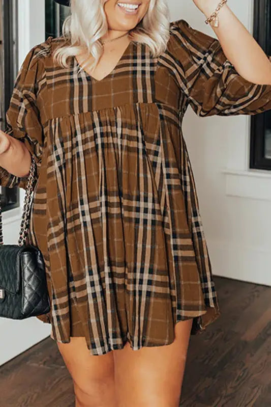 Brown printed plaid v neck plus size babydoll dress - 1x / 100% cotton