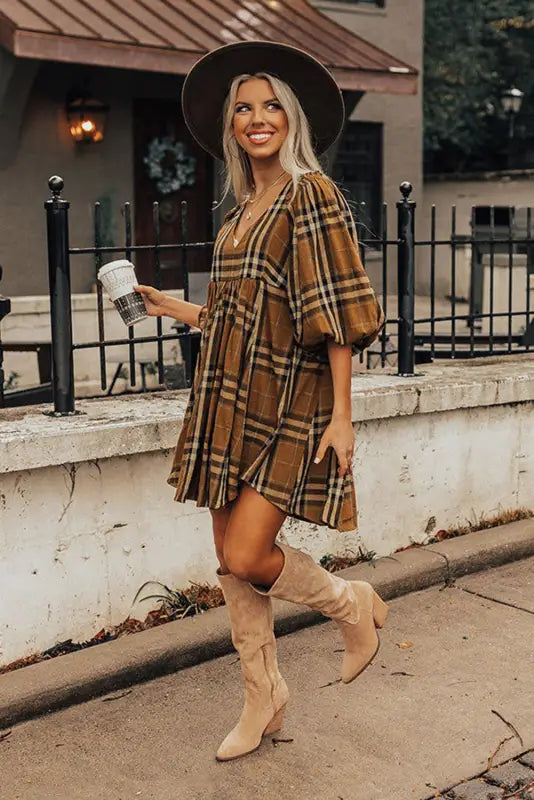 Brown printed plaid v neck plus size babydoll dress