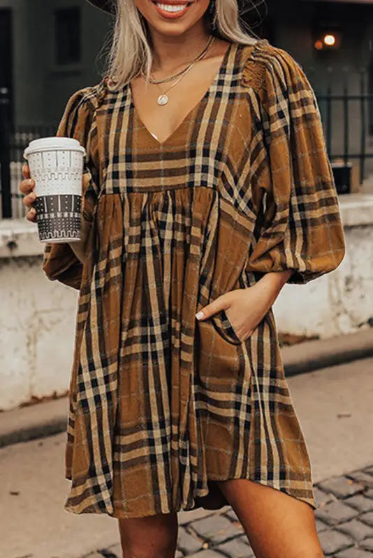 Brown printed plaid v neck plus size babydoll dress