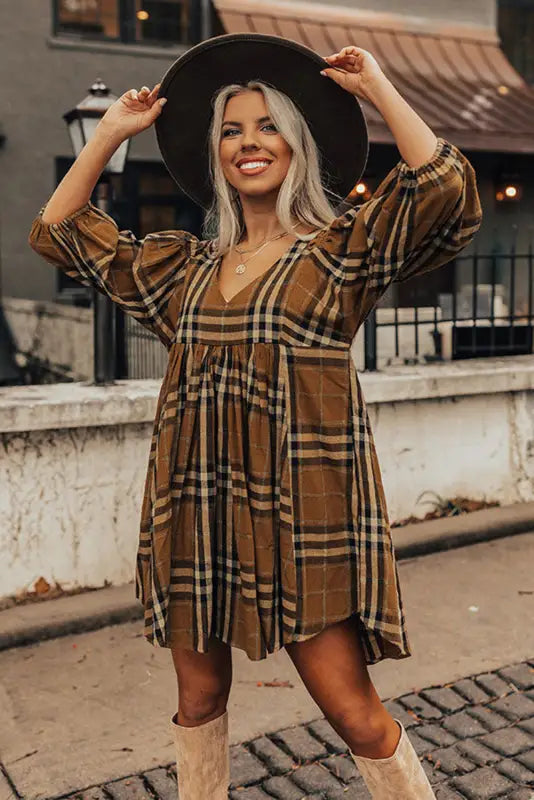 Brown printed plaid v neck plus size babydoll dress