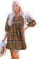 Brown printed plaid v neck plus size babydoll dress