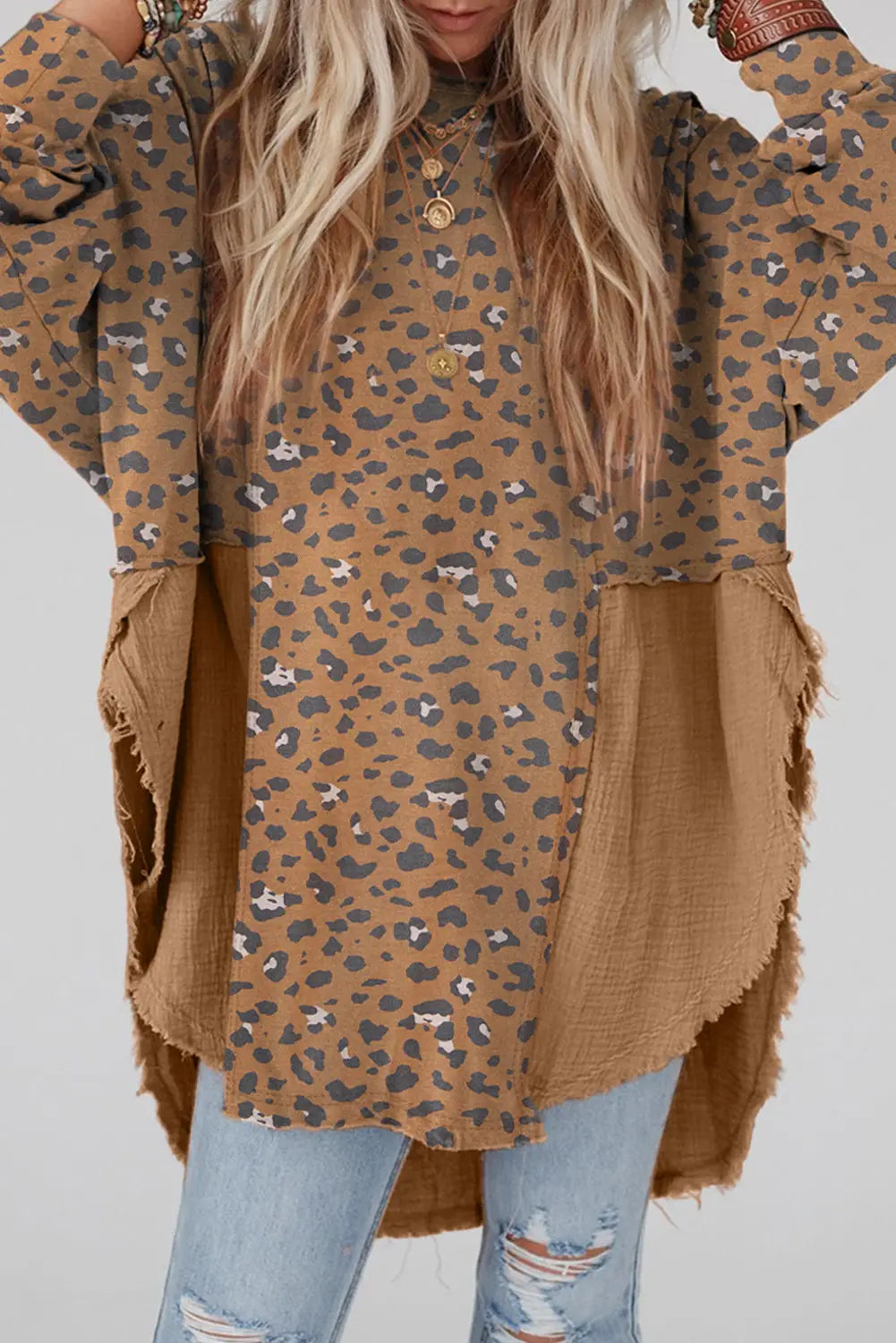 Brown printed raw edge leopard patchwork oversized blouse - l / 95% polyester + 5% elastane - blouses & shirts