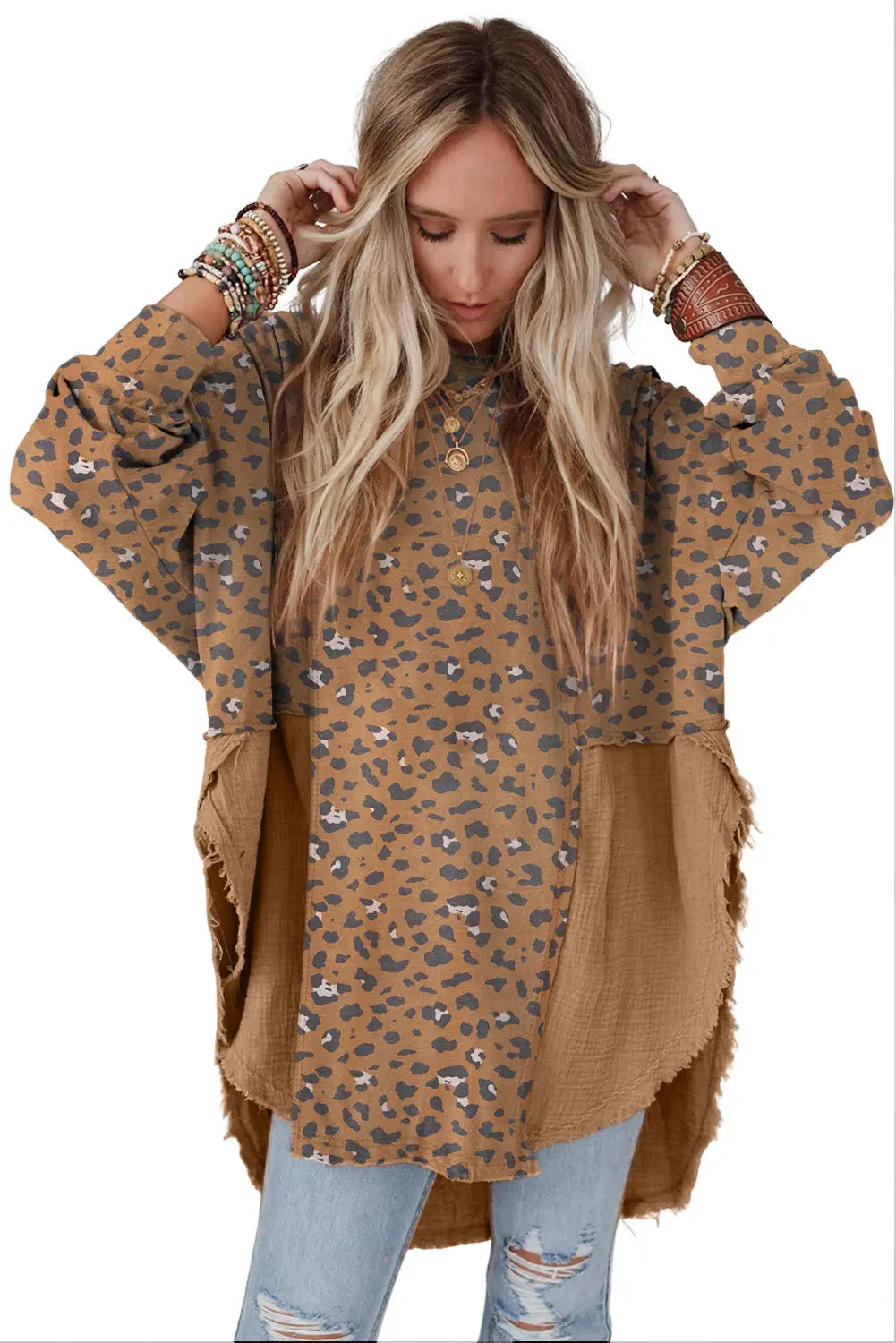 Brown printed raw edge leopard patchwork oversized blouse - blouses & shirts