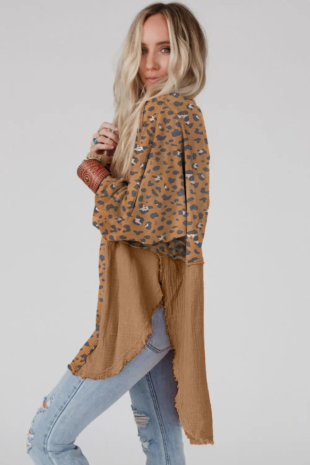 Brown printed raw edge leopard patchwork oversized blouse - blouses & shirts