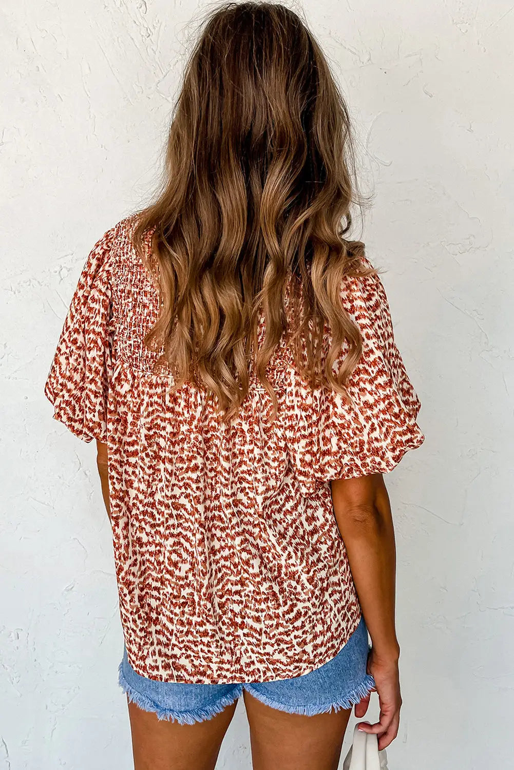 Brown printed tie split neck puff sleeve blouse - blouses & shirts