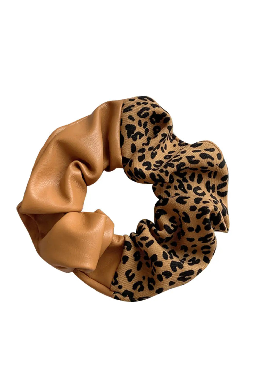 Brown pu leather leopard patchwork hair tie - one size / pu - scrunchies