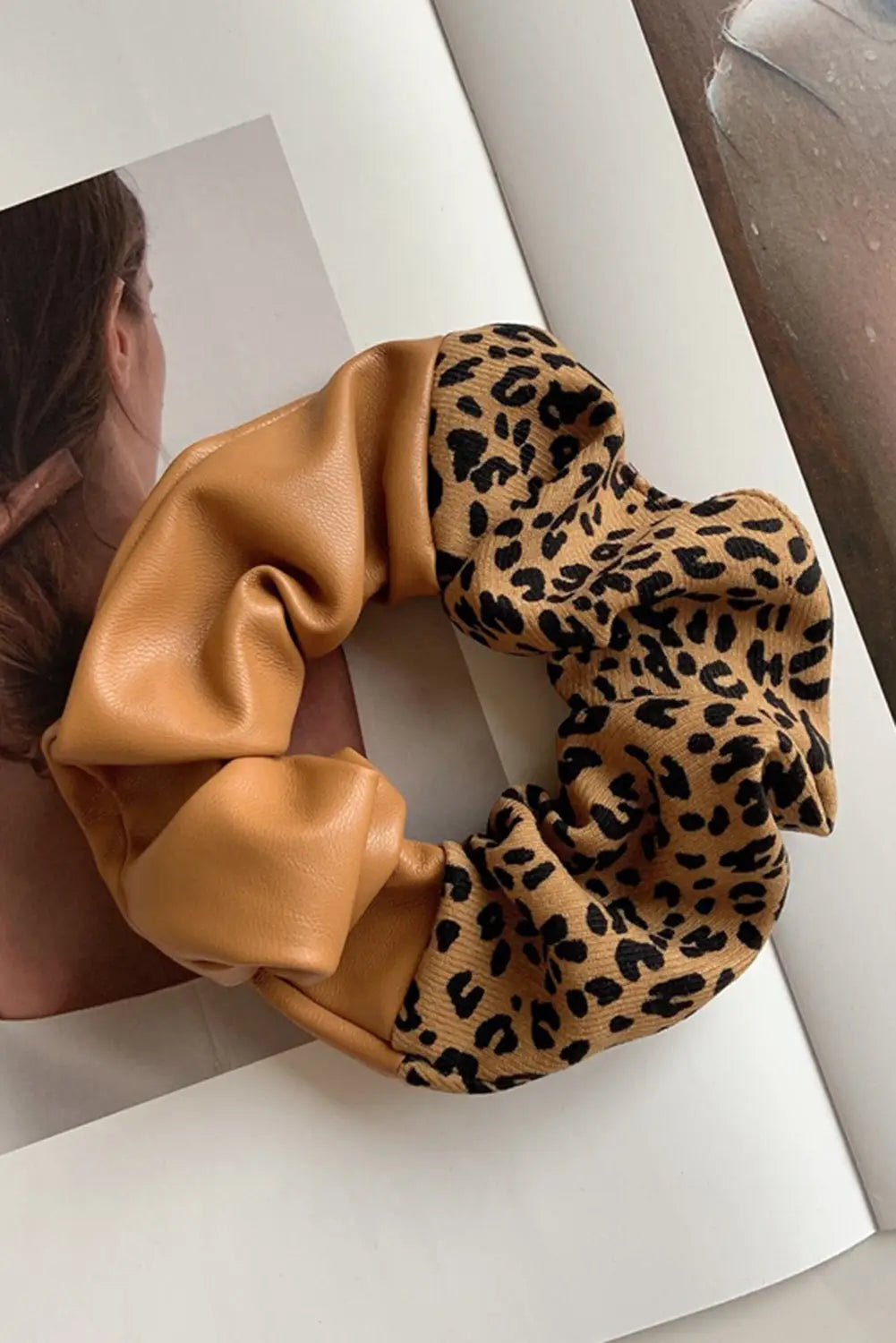Brown pu leather leopard patchwork hair tie - one size / pu - scrunchies