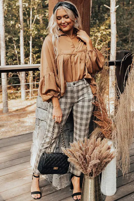 Brown puff sleeve collared pleated babydoll blouse - tops