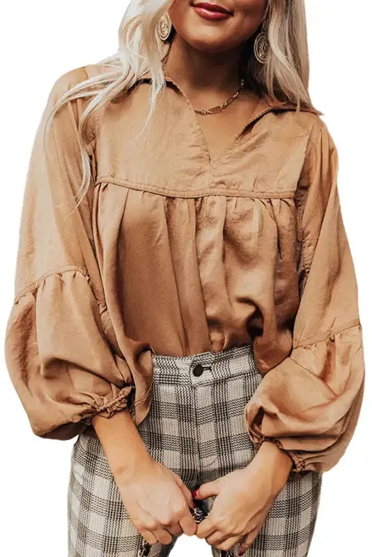 Brown Puff Sleeve Collared Pleated Babydoll Blouse - Fashionfitz