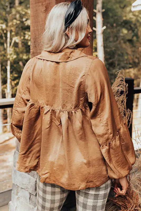 Brown puff sleeve collared pleated babydoll blouse - tops