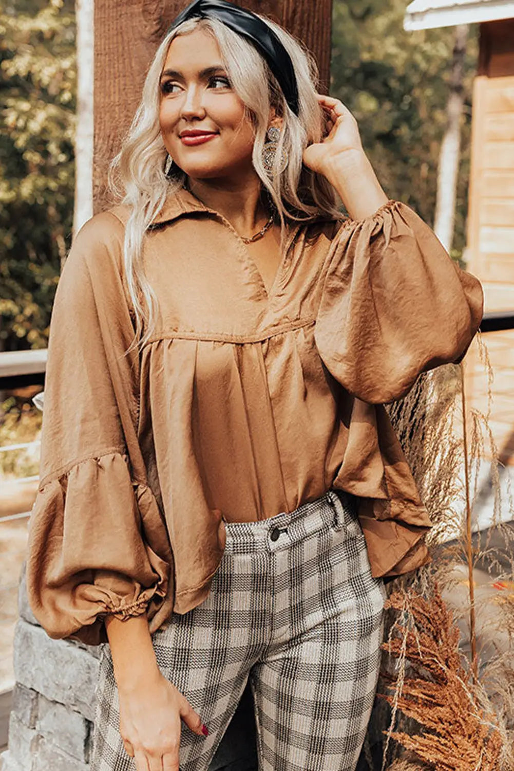 Brown puff sleeve collared pleated babydoll blouse - tops