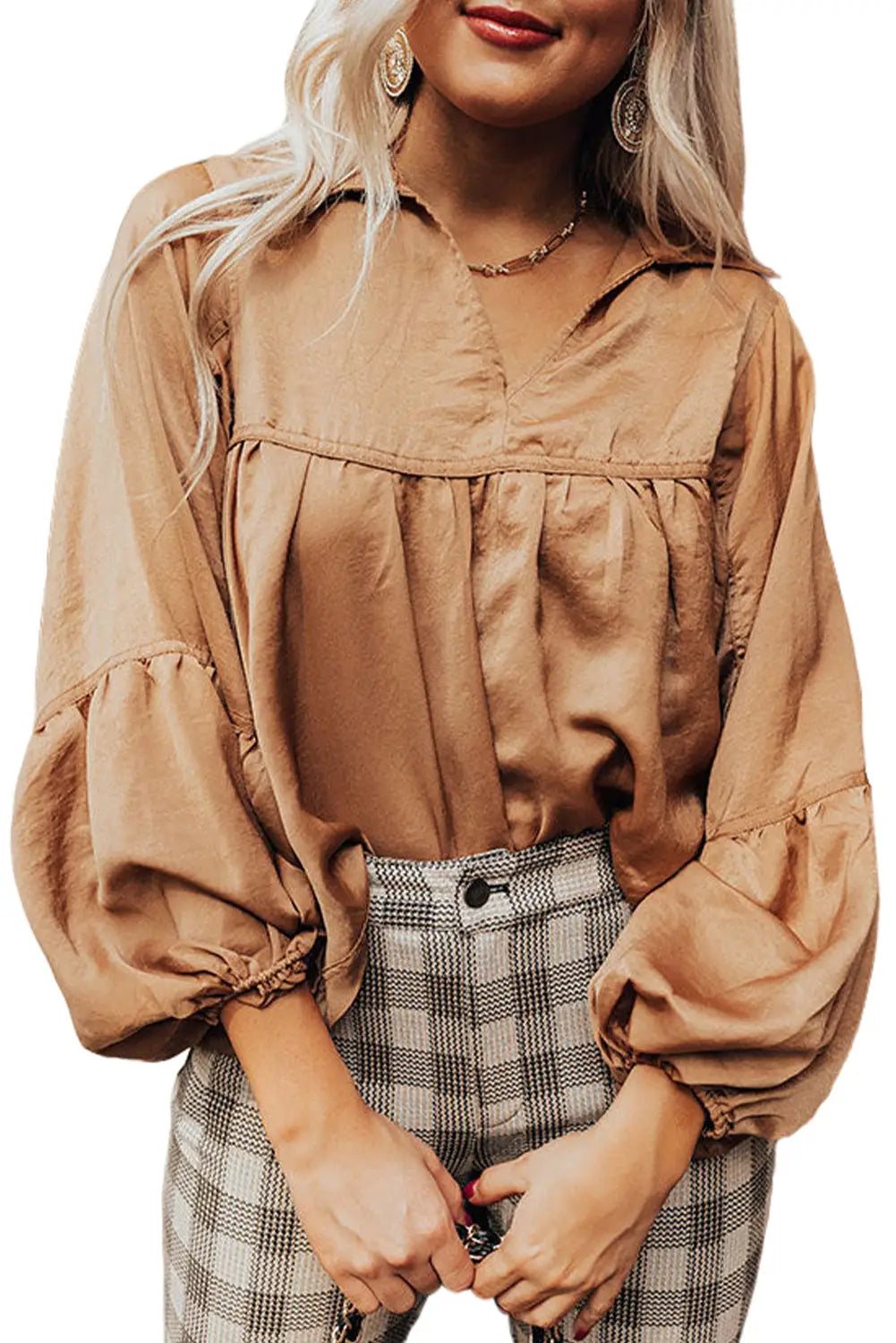 Brown puff sleeve collared pleated babydoll blouse - tops