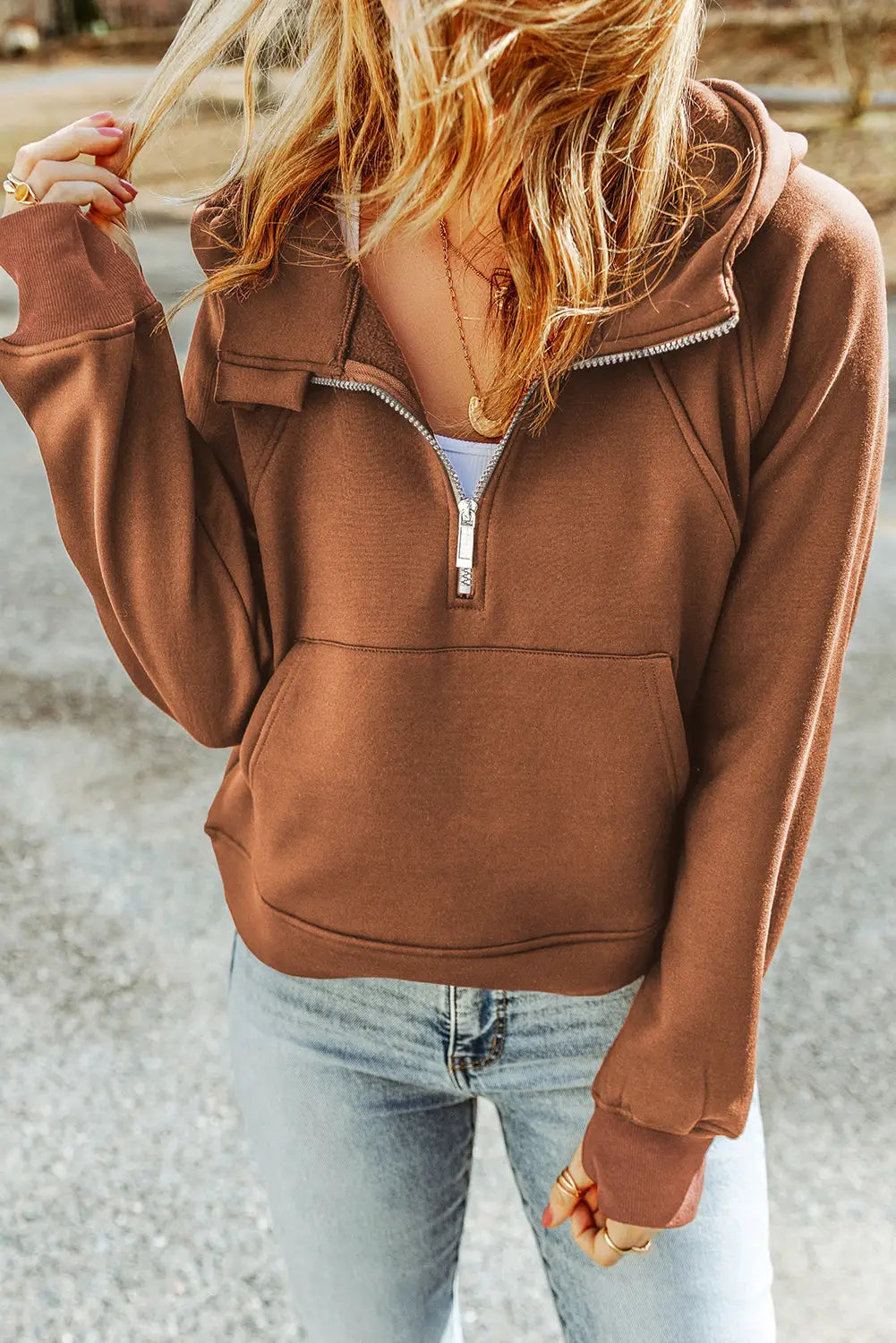 Brown quarter zip kangaroo pocket hoodie - s / 75% polyester + 25% cotton - sweatshirts & hoodies