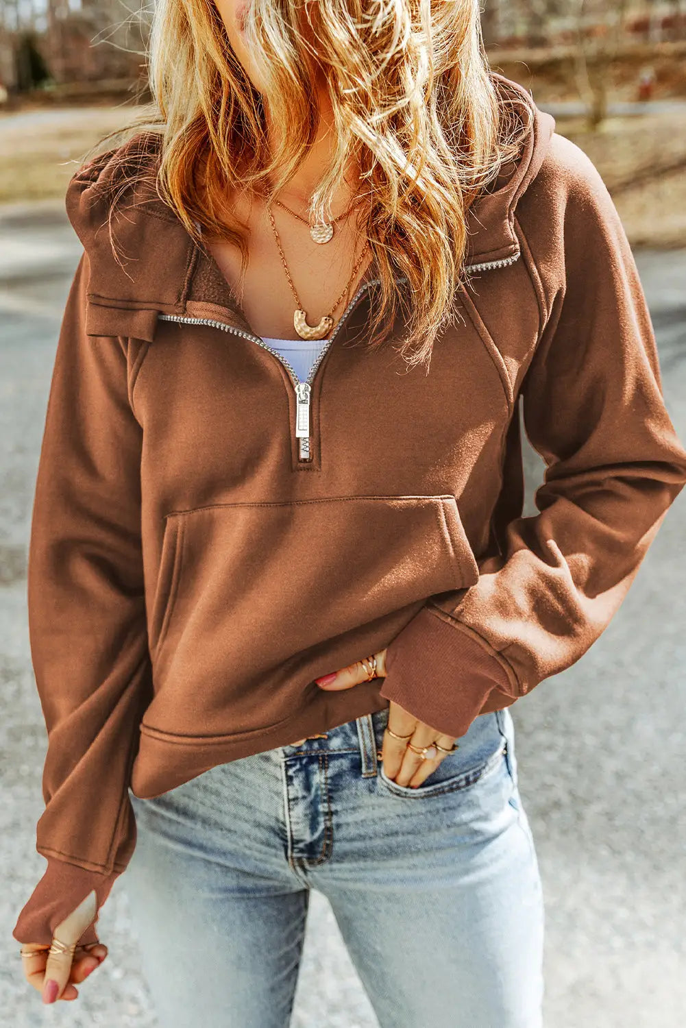 Brown quarter zip kangaroo pocket hoodie - sweatshirts & hoodies