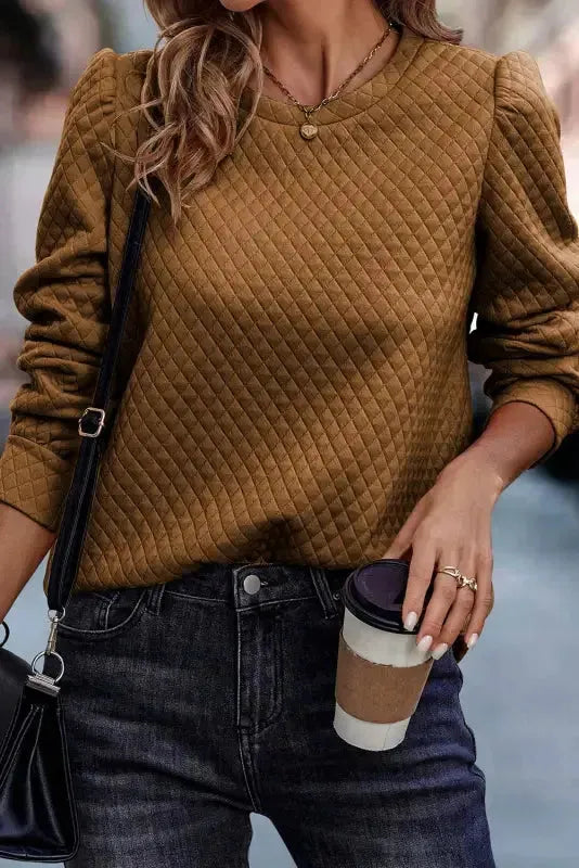 Brown Quilted Puff Sleeve Sweatshirt - Fashionfitz
