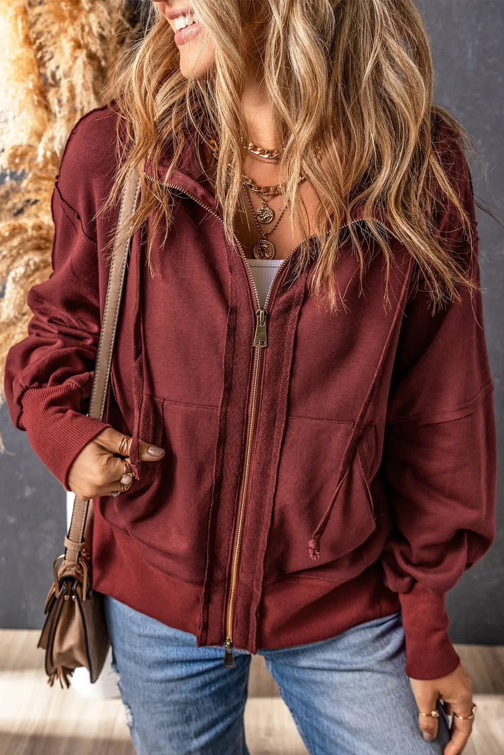 Brown raw edge exposed seam full zip hoodie - s / 65% polyester + 35% cotton - sweatshirts & hoodies
