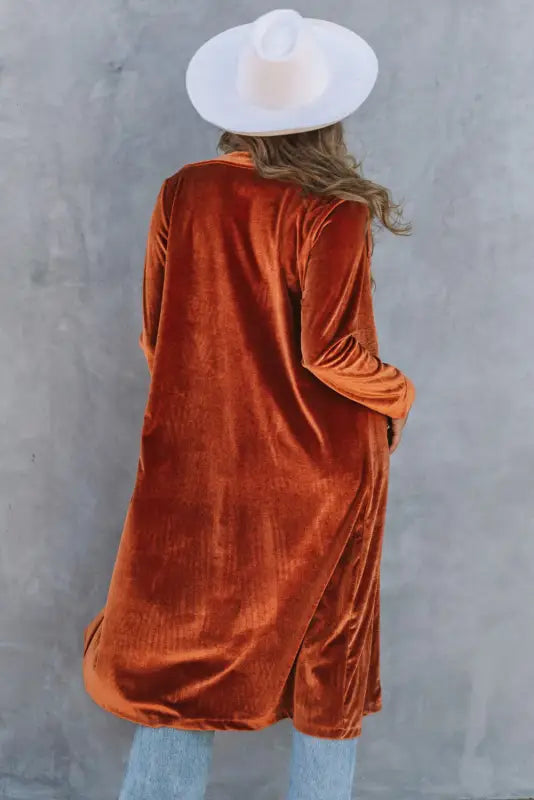 Brown retro velvet long sleeve pocket coat - coats