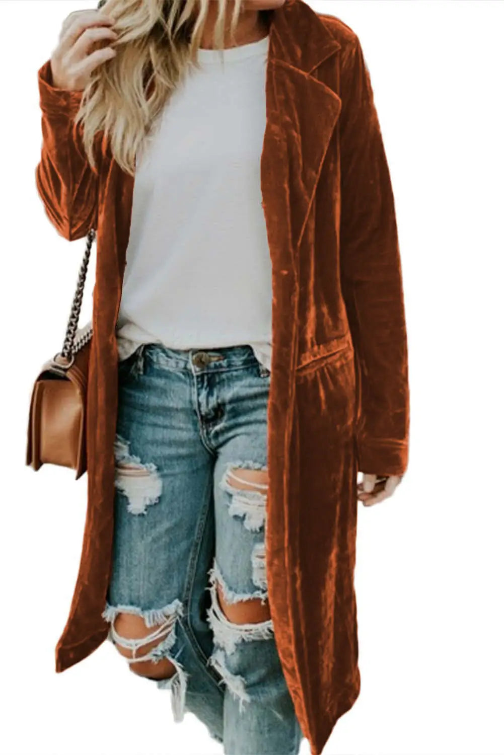 Brown retro velvet long sleeve pocket coat - outerwear