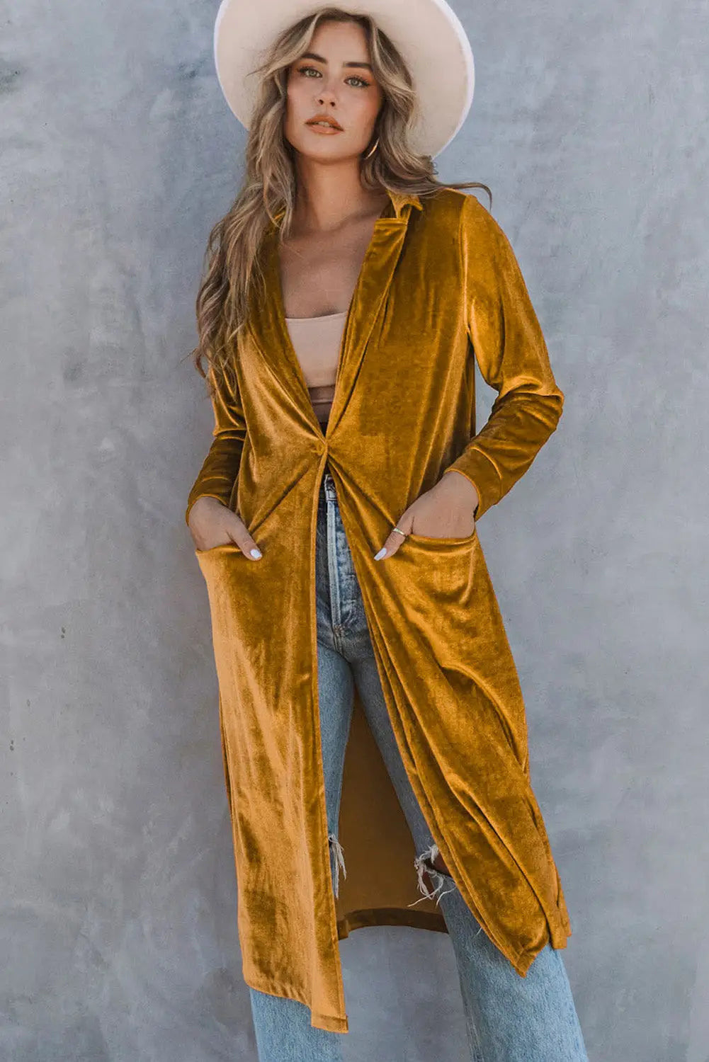 Brown retro velvet long sleeve pocket coat - yellow / m / 95% polyester + 5% elastane - coats