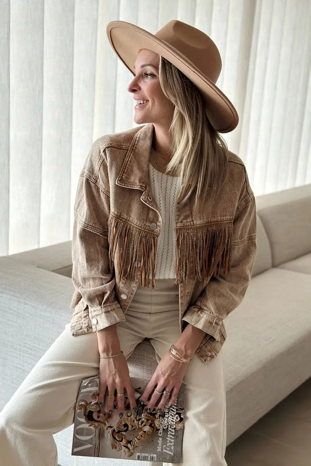 Brown rhinestone fringed cowgirl fashion denim jacket - jackets