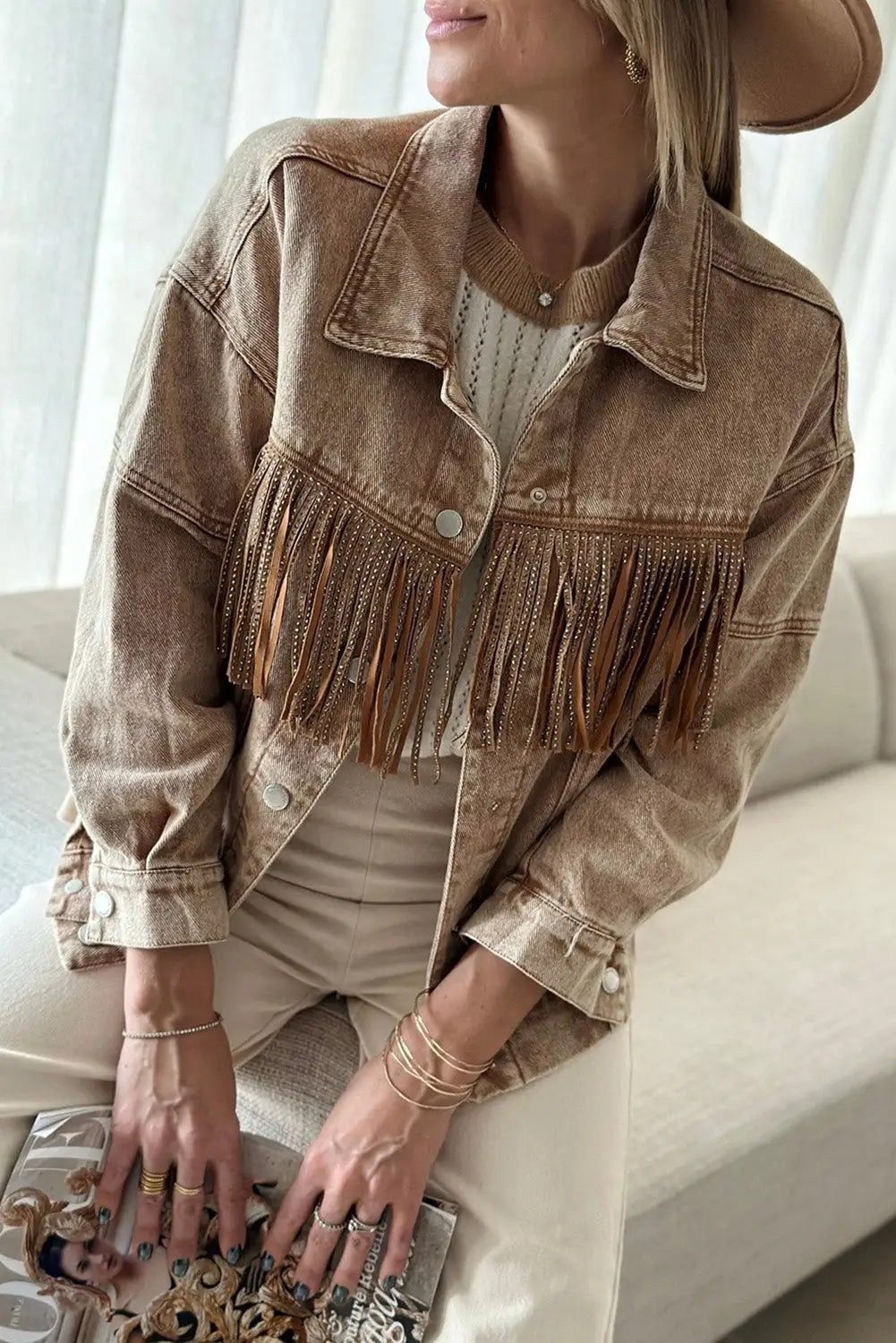 Brown rhinestone fringed cowgirl fashion denim jacket - s / 70% cotton + 30% polyester - jackets