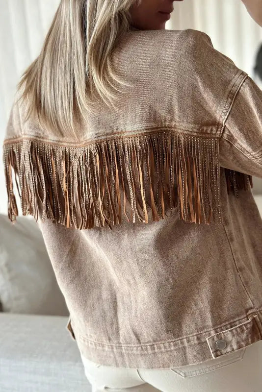 Brown rhinestone fringed cowgirl fashion denim jacket - jackets