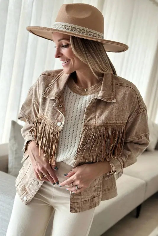 Brown rhinestone fringed cowgirl fashion denim jacket - jackets