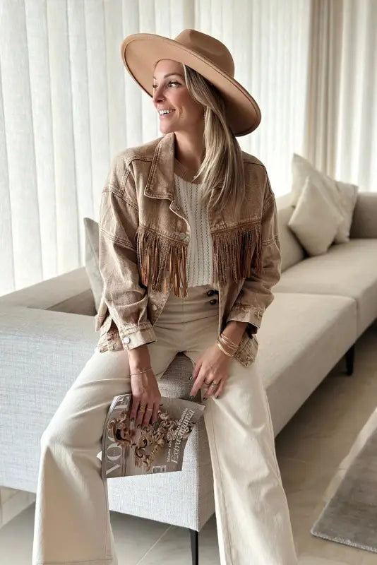 Brown rhinestone fringed cowgirl fashion denim jacket - jackets