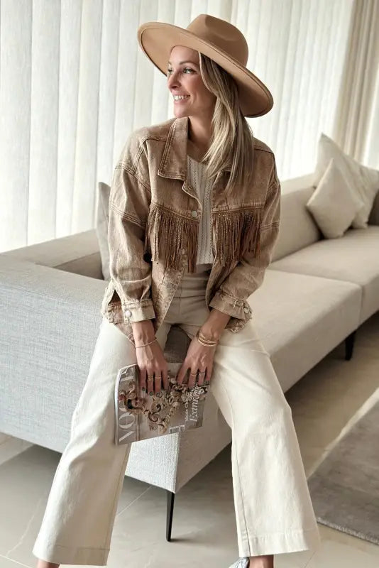 Brown rhinestone fringed cowgirl fashion denim jacket - jackets