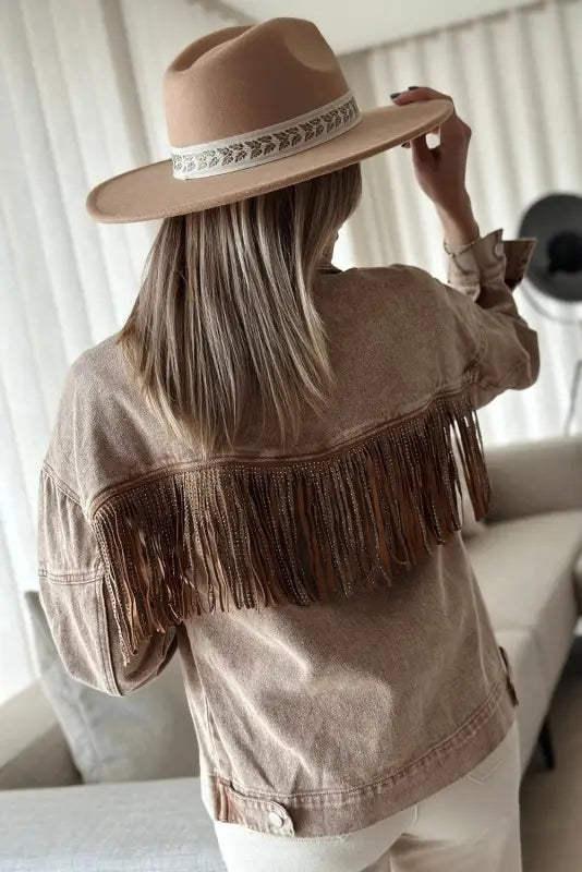 Brown rhinestone fringed cowgirl fashion denim jacket - jackets