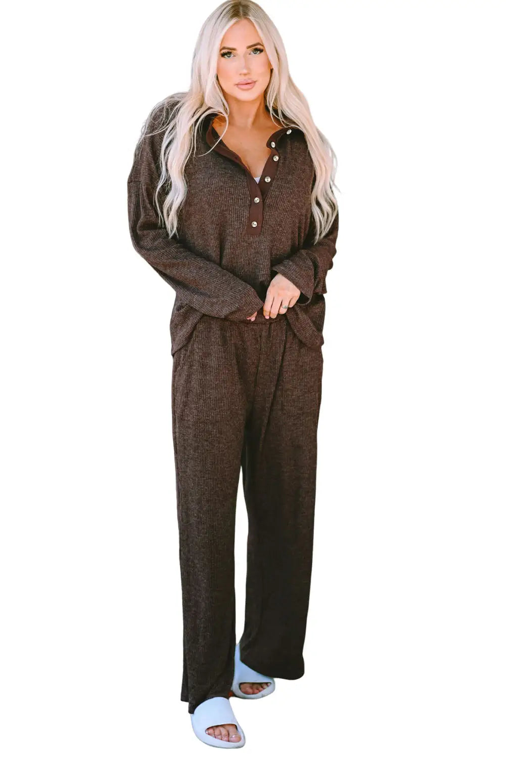 Brown ribbed knit collared henley top and pants lounge outfit - loungewear