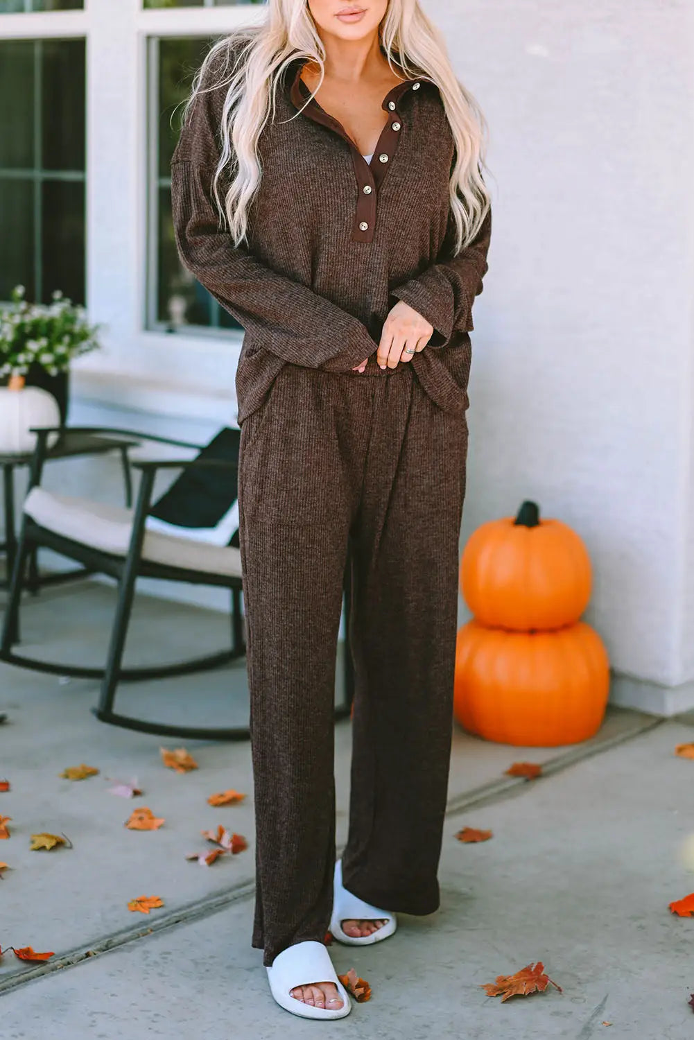 Brown ribbed knit collared henley top and pants lounge outfit - loungewear
