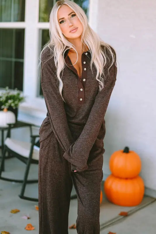 Brown ribbed knit collared henley top and pants lounge outfit - loungewear