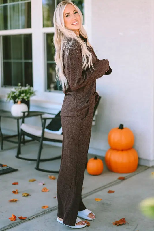 Brown ribbed knit collared henley top and pants lounge outfit - loungewear