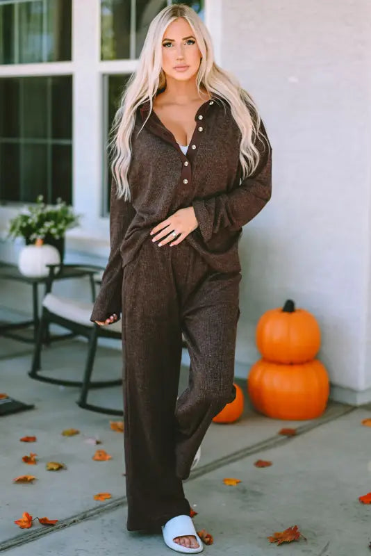 Brown ribbed knit collared henley top and pants lounge outfit - loungewear