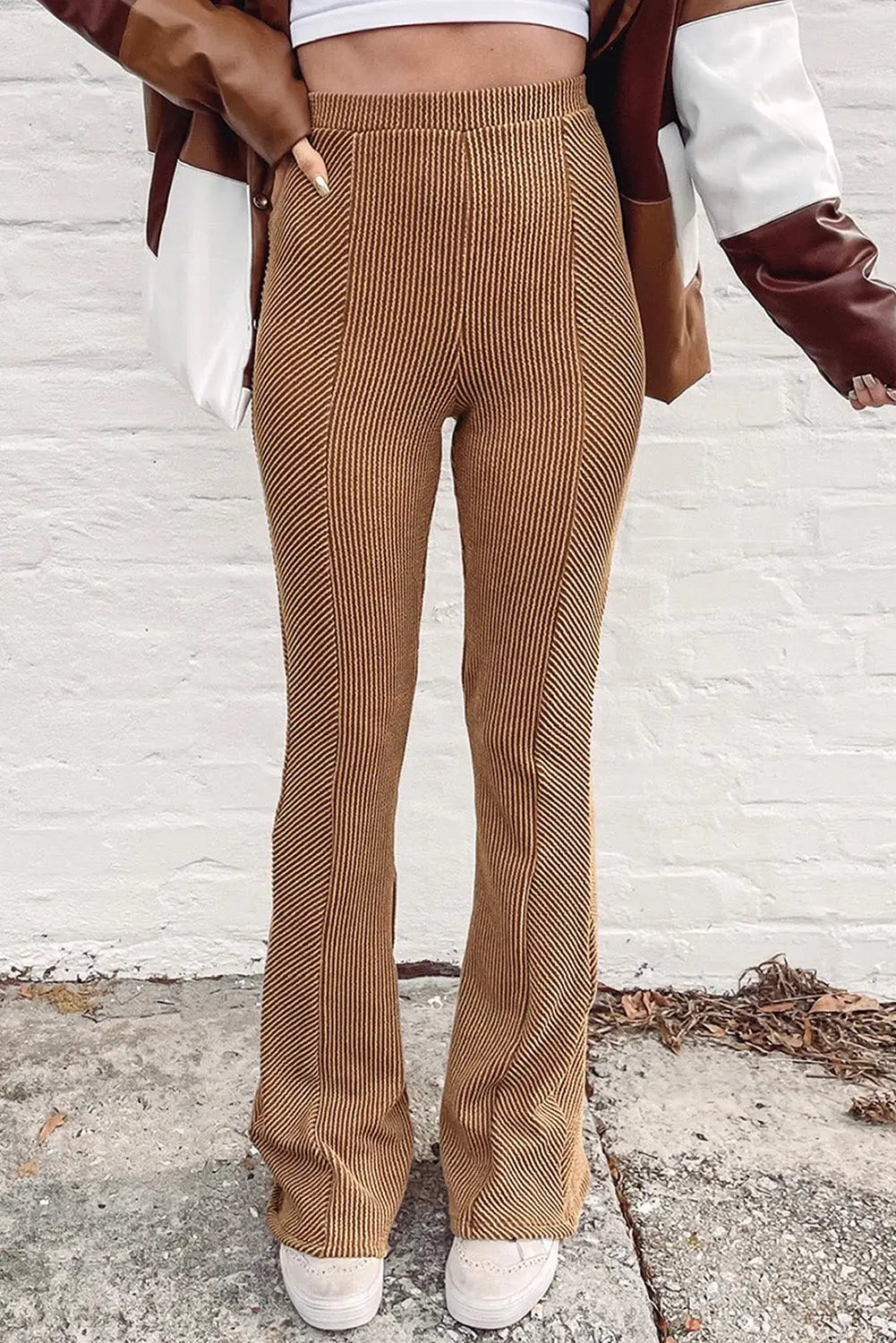 Brown ribbed knit high rise flare leggings - s /