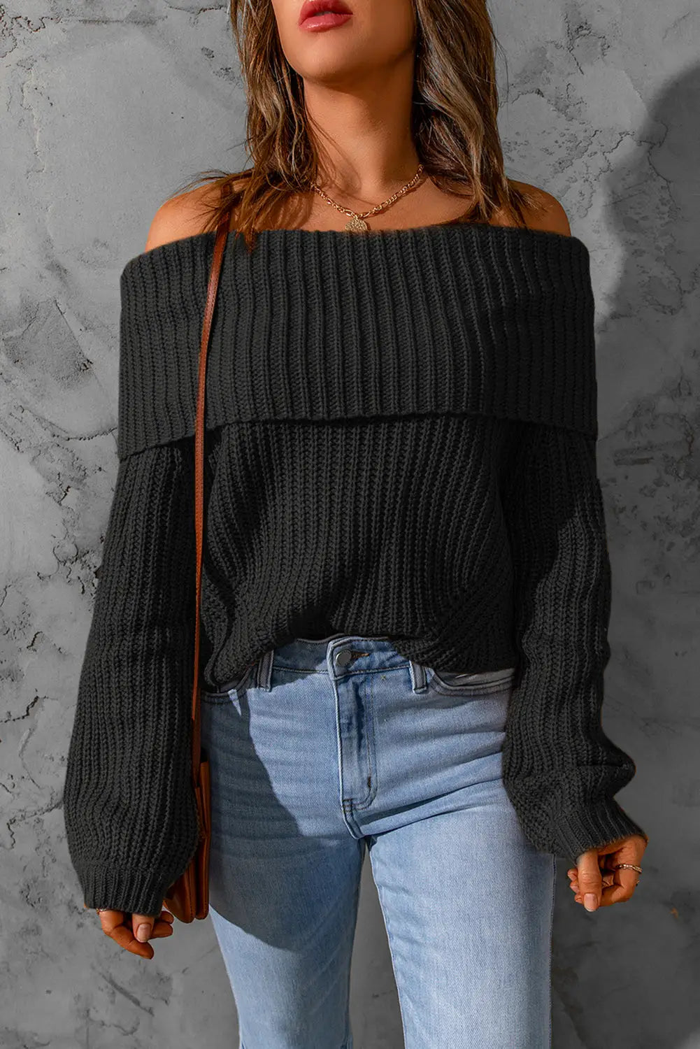 Brown ribbed knit off shoulder sweater - black / s / 100% acrylic - sweaters & cardigans