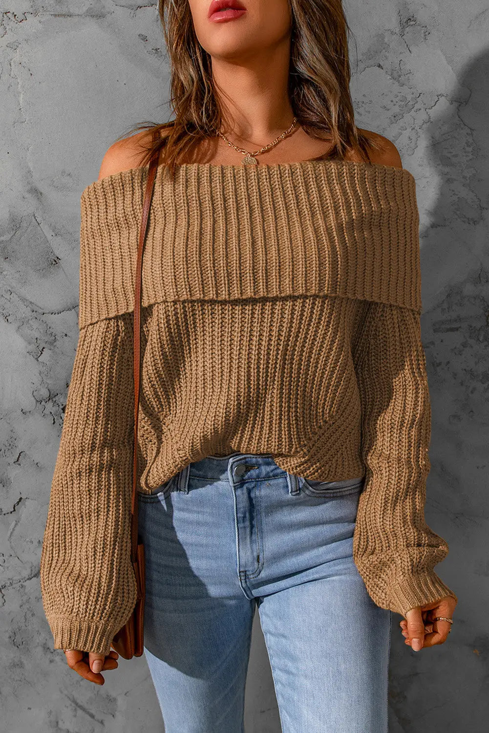 Brown ribbed knit off shoulder sweater - khaki / s / 100% acrylic - sweaters & cardigans