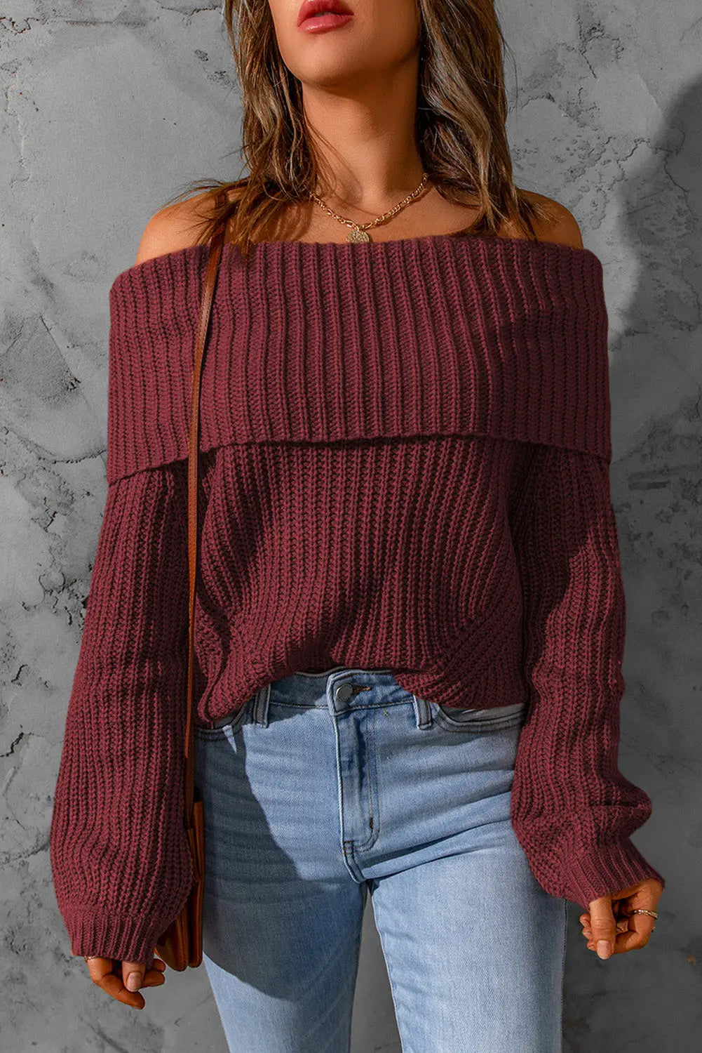 Brown ribbed knit off shoulder sweater - red / s / 100% acrylic - sweaters & cardigans