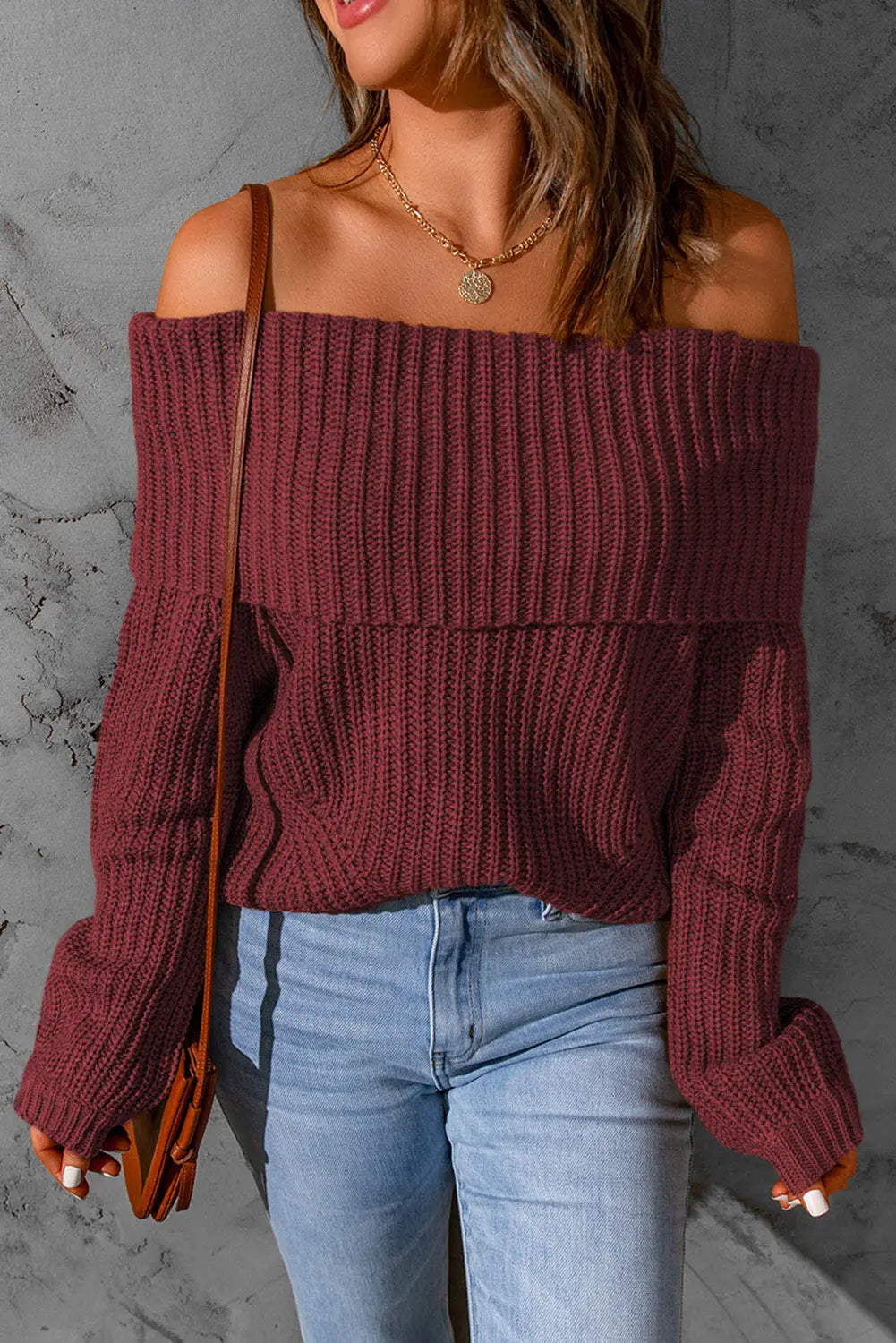 Brown ribbed knit off shoulder sweater - sweaters & cardigans