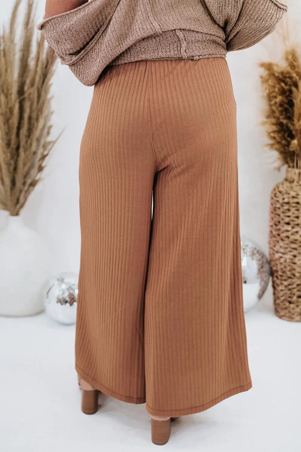 Brown ribbed patch pocket frill waist wide leg plus pants