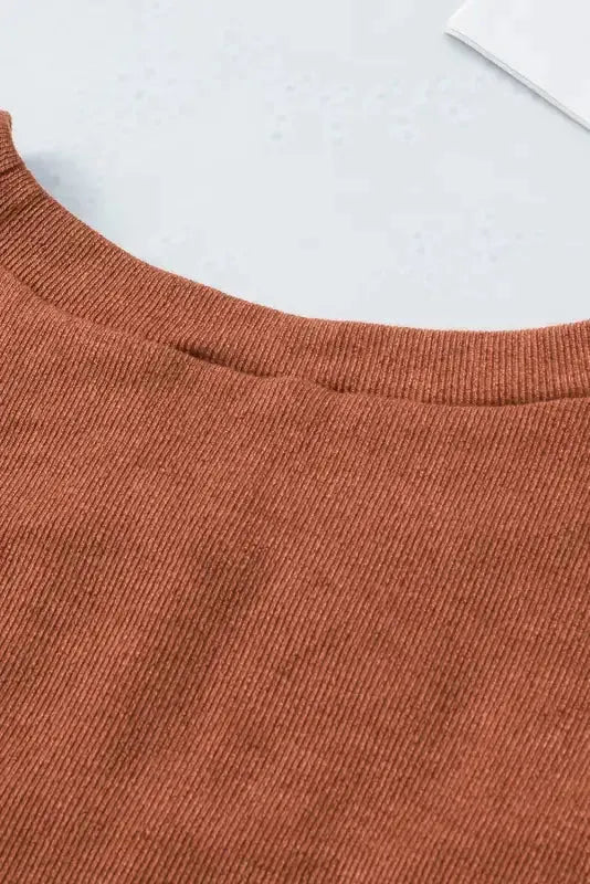 Brown Ribbed Peekaboo Cutout Long Sleeve Top - Fashionfitz