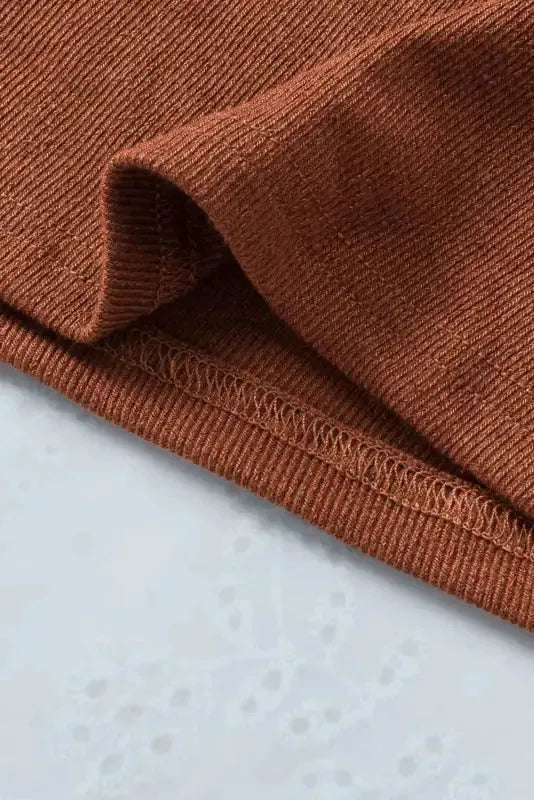 Brown Ribbed Peekaboo Cutout Long Sleeve Top - Fashionfitz