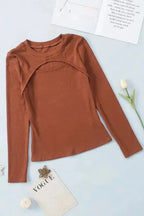 Brown Ribbed Peekaboo Cutout Long Sleeve Top - Fashionfitz
