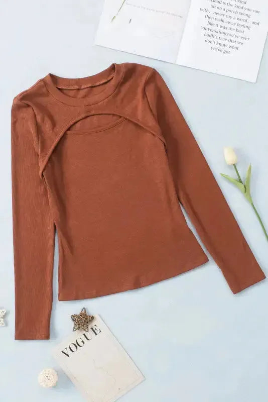Brown Ribbed Peekaboo Cutout Long Sleeve Top - Fashionfitz