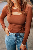 Brown Ribbed Peekaboo Cutout Long Sleeve Top - Fashionfitz