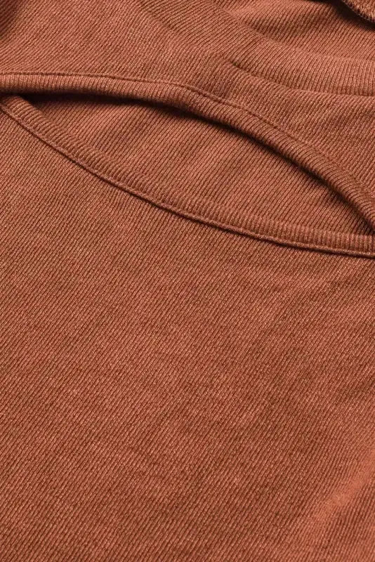 Brown Ribbed Peekaboo Cutout Long Sleeve Top - Fashionfitz